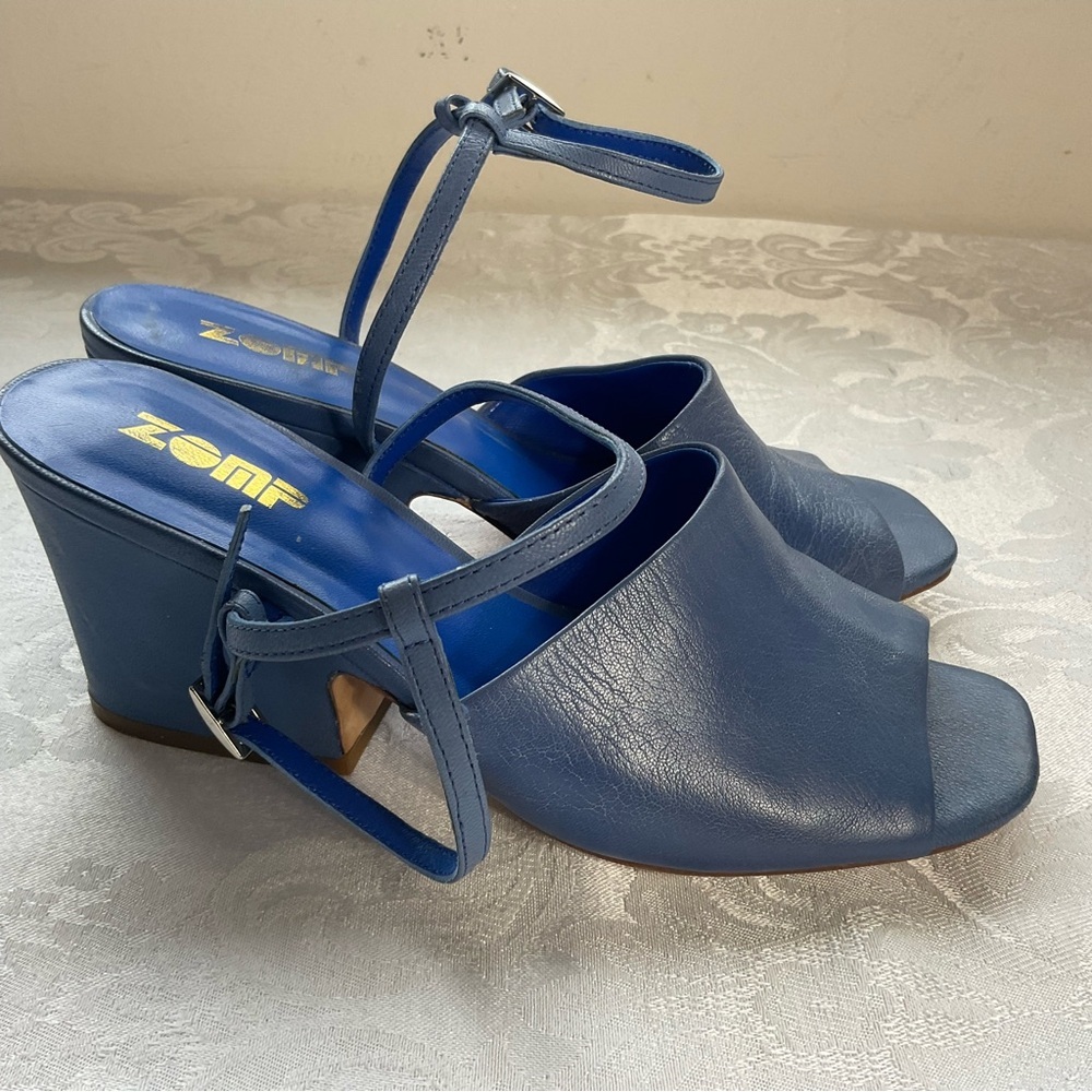 ZOMP Peep Toe Teal Blue Block Heel Shoes Size eu 37.5, leather sole,  3" heel - Picture 2 of 5